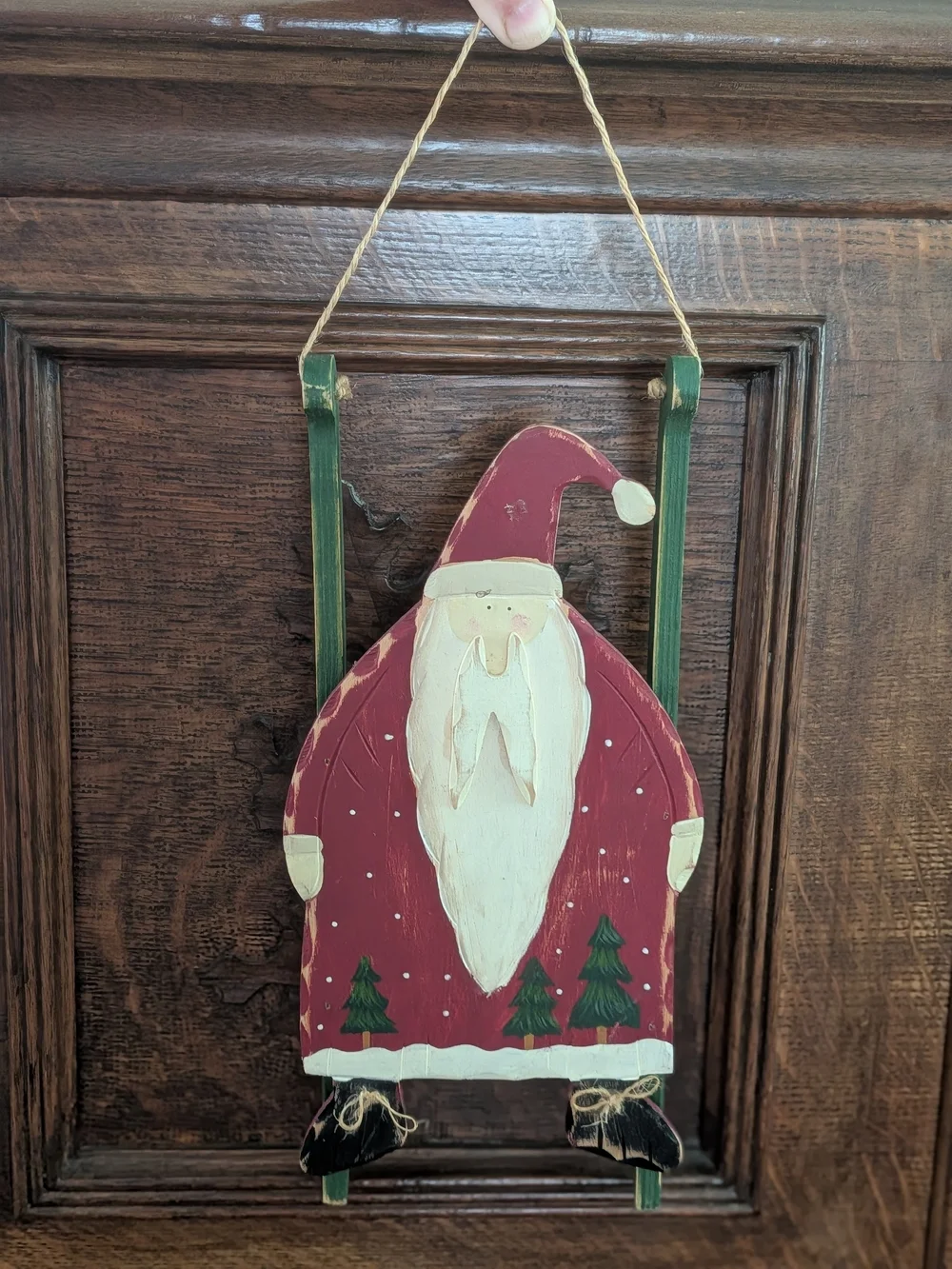 Vintage Handcrafted Wooden Red Santa Hanging Holiday Decoration